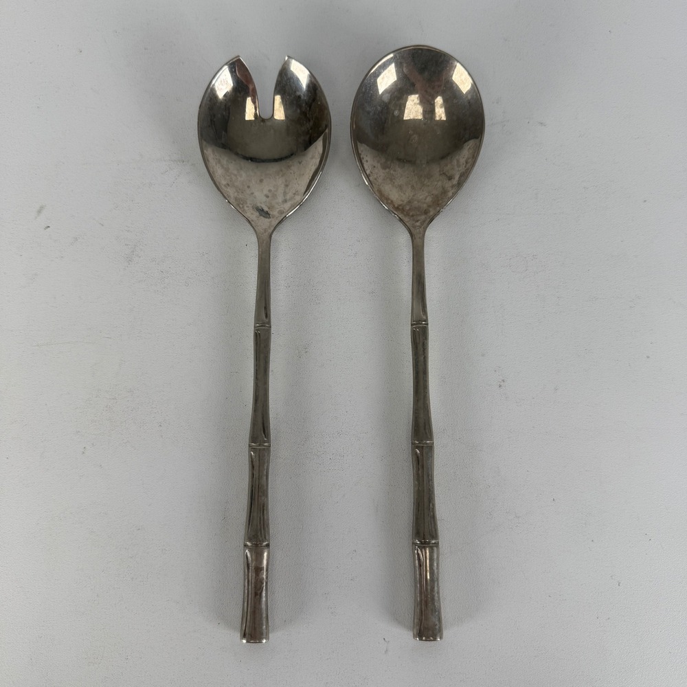 Vintage Italy Silver Plate Bamboo Salad Serving Set Spoon Fork 9.5 Inch
